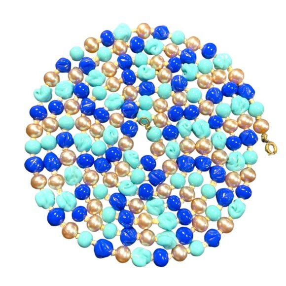 Antique Handmade CZECH Glass blue fancy bead & pearl necklace 48” LoNG - Picture 2 of 12